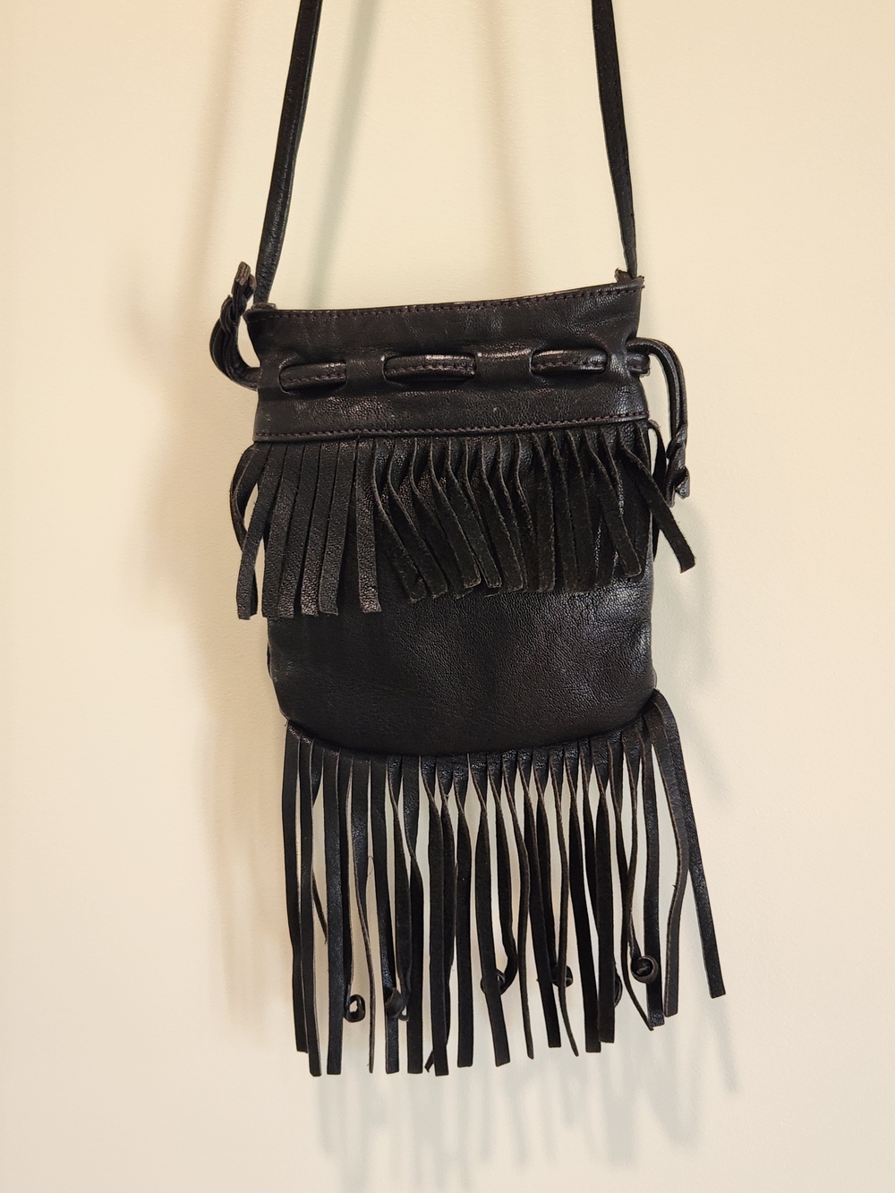 Vintage Barganza Black Leather Fringe Crossbody Bag Boho Eclectic Western